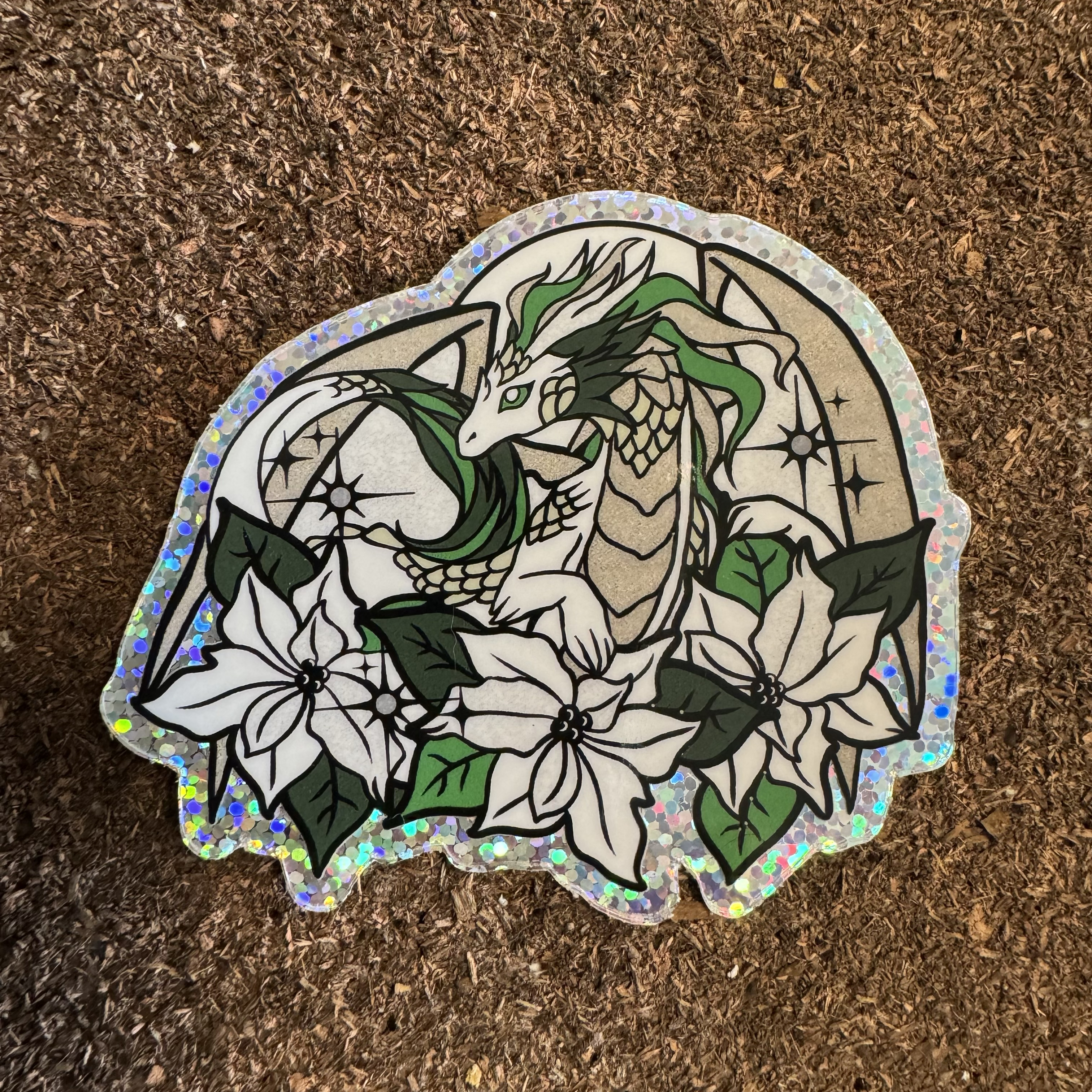 Poinsettia Dragon - Glitter Sticker Dec '24